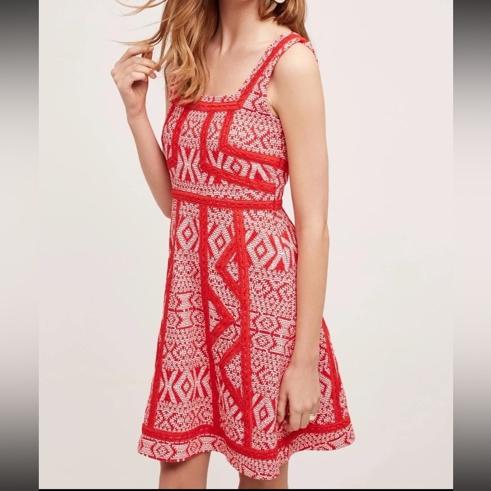 Anthropologie Maeve Red & White Fit&Flare Pattern Mini Dress Size Small 2